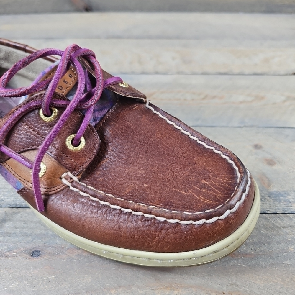 Sperry Topsider Brown Leather purple plaid Women's Boat Deck Shoes - Picture 11 of 14
